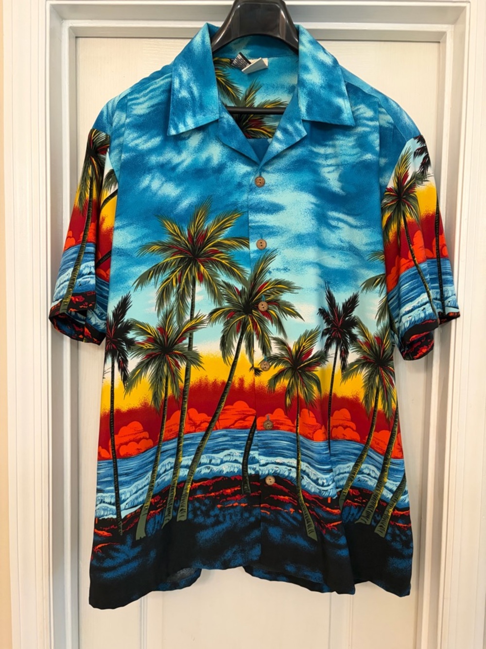 Men's Tropical Palm Short-Sleeve Button-Up Shirt - Blue/Red